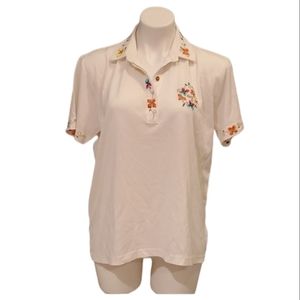 Pink Mode White Polo Golf Floral Embroidered Shirt